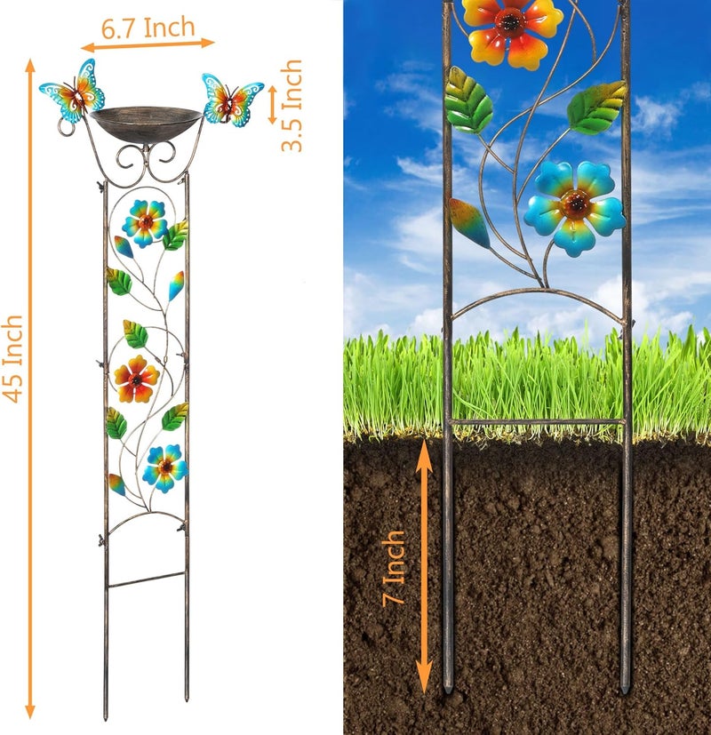 LEWIS&WAYNE Garden Trellis Bird Bath Outdoor, 40 Inch Antique Iron Garden Plant Trellis Decorative with Floral-Butterflies and Detachable Drinking Basin Bowl, Free Standing BirdBath Birdfeeder Station - Image 2